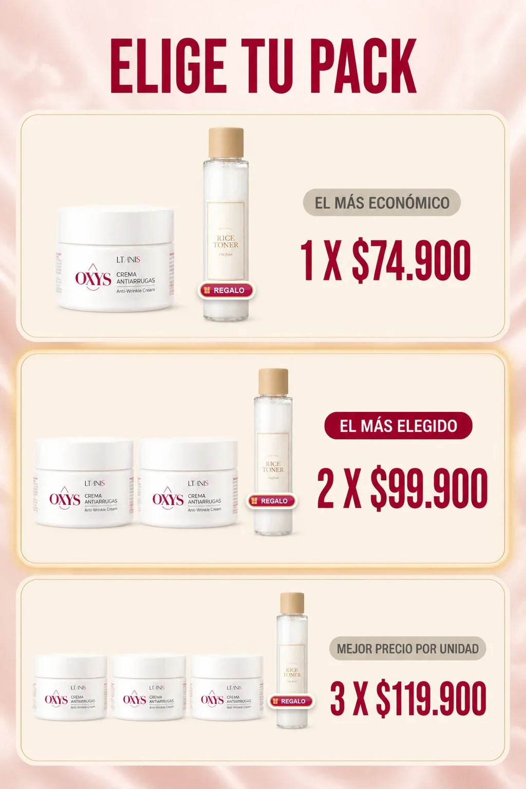 Packs de OXYS: 1 por $74.900, 2 por $99.900 y 3 por $119.900, con tónico de regalo